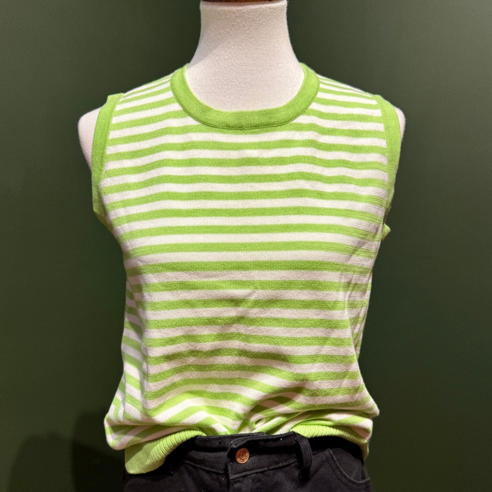 Vtg The Quacker Factory Green & White Striped Knit Sleeveless Top Women Size S